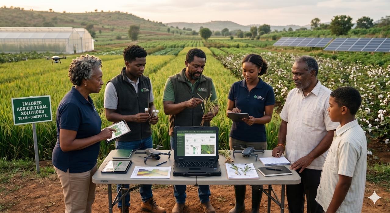 Agricultural specialists consulting with farmers in a sustainable field