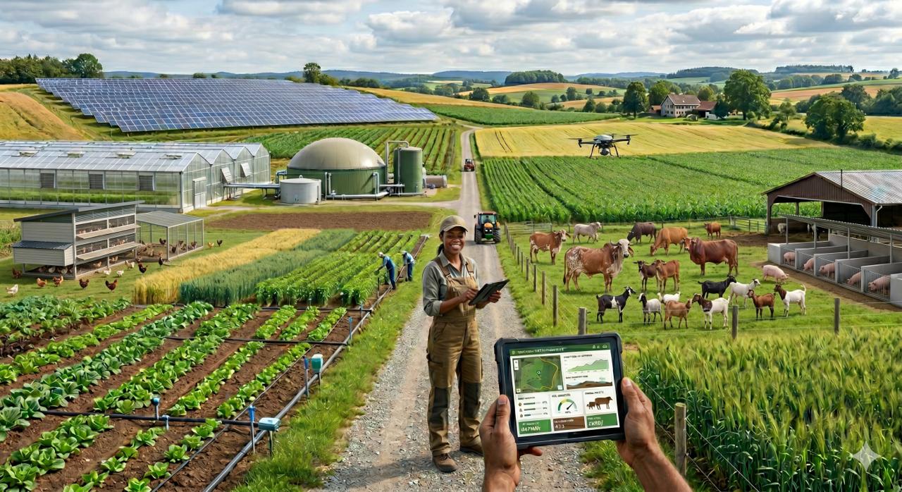 Integrated sustainable farm with crops, livestock, solar energy, and digital agriculture tools